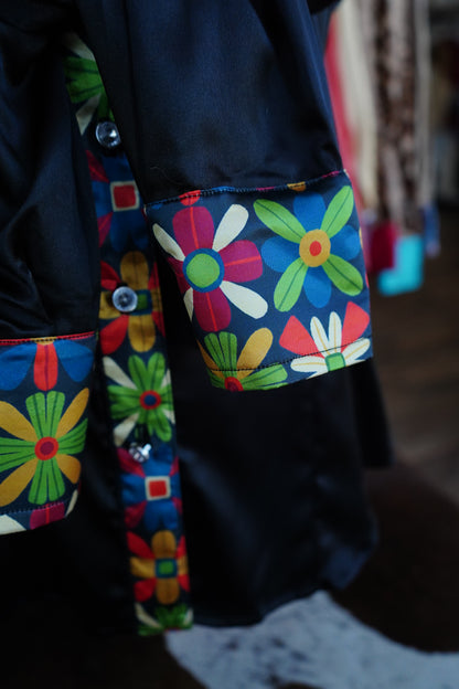 M - Multicolor Flowers on Black Satin Button Down