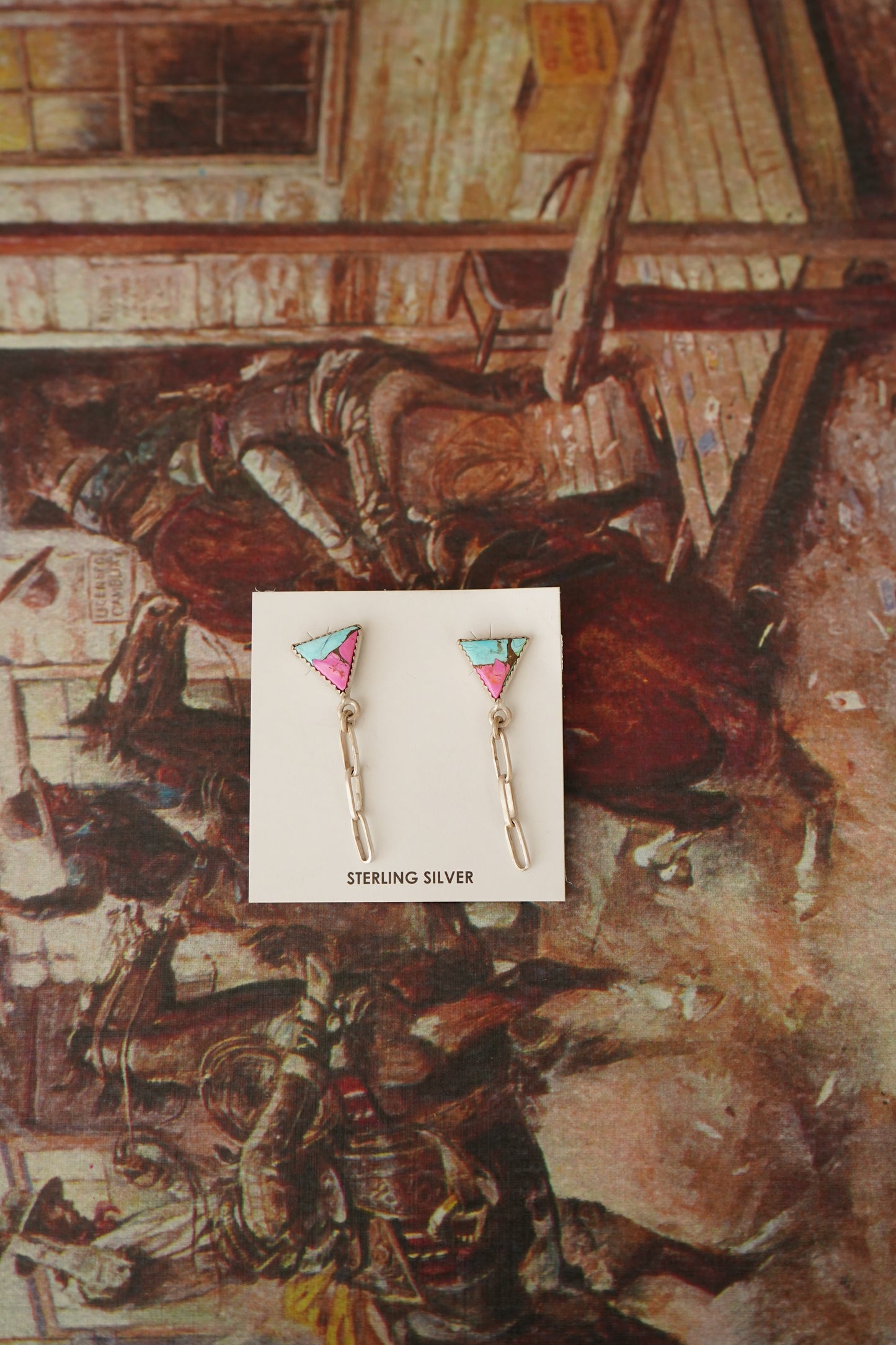 Turquoise Triangle w/ Dangly Paperclip Chain Stud Earrings