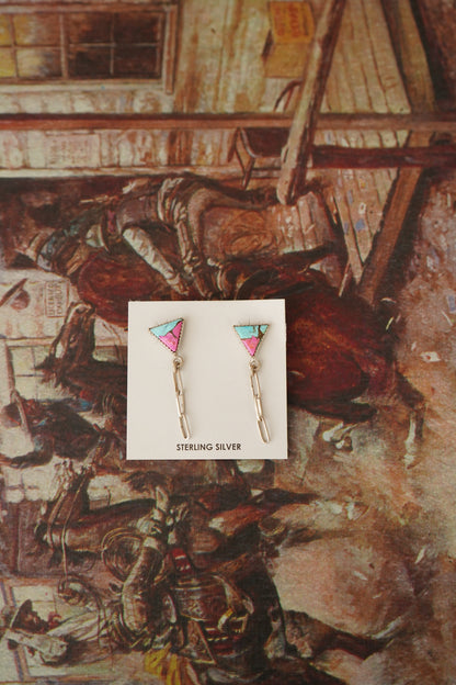 Turquoise Triangle w/ Dangly Paperclip Chain Stud Earrings