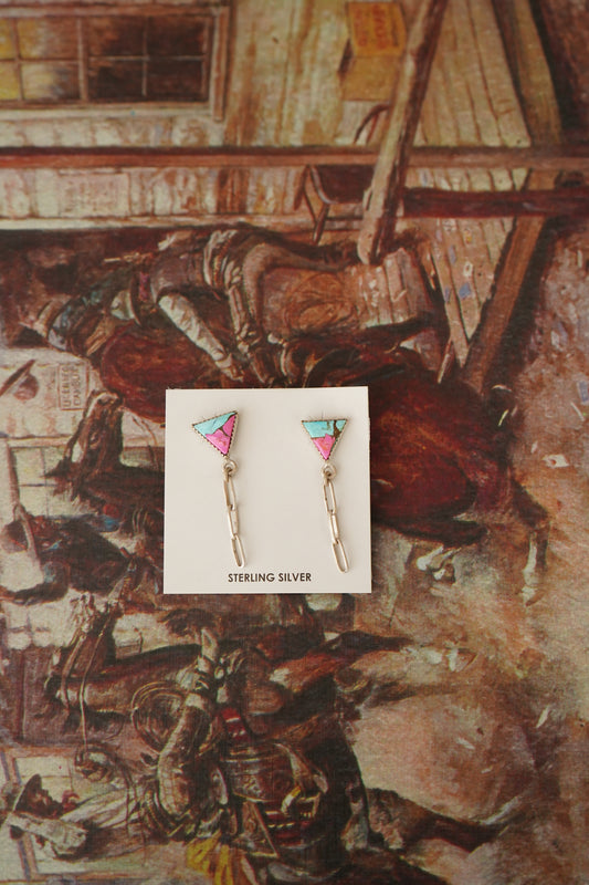 Turquoise Triangle w/ Dangly Paperclip Chain Stud Earrings