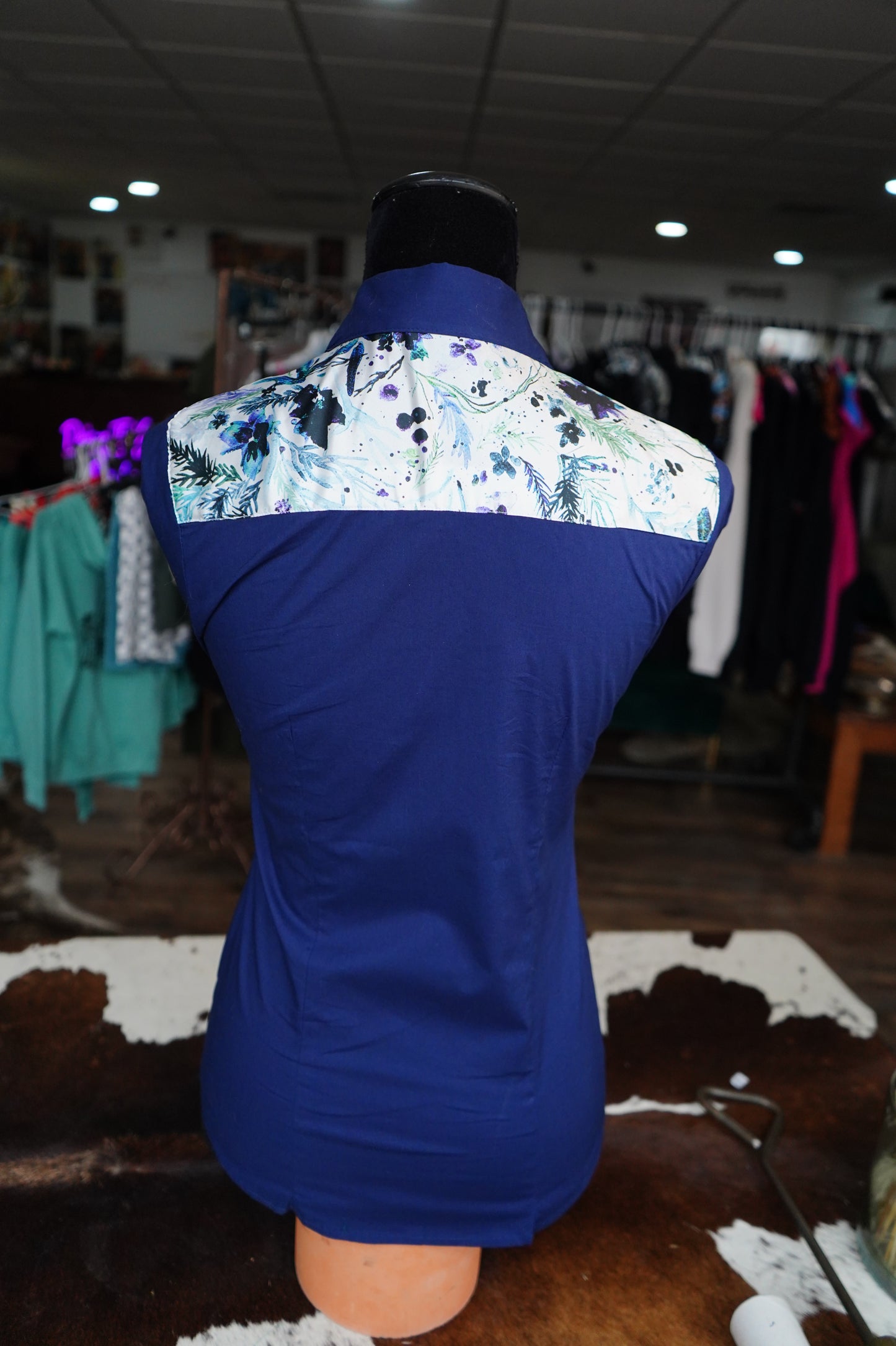 S - Winter Watercolor Floral on Navy Cotton Button Down