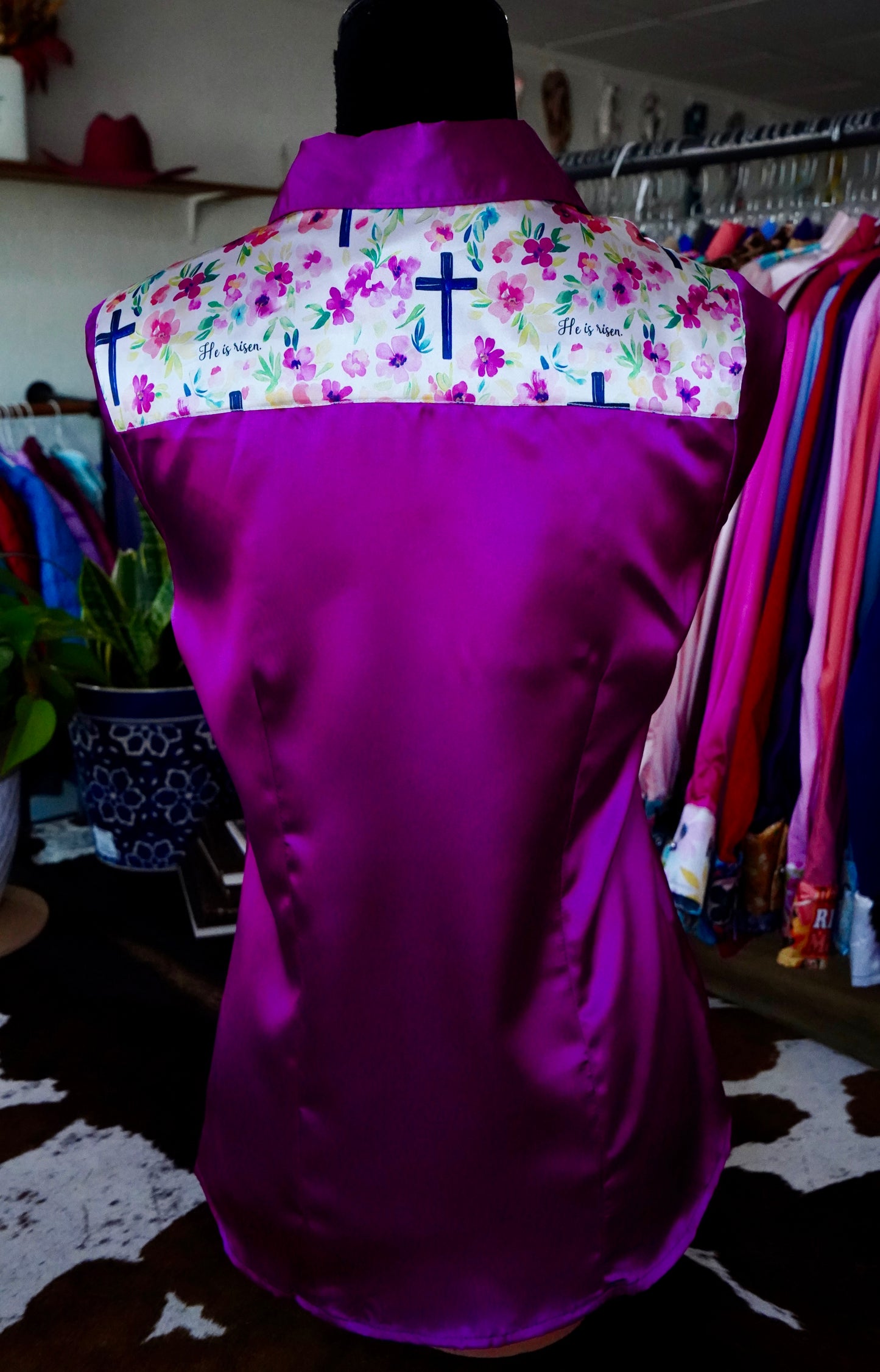 M - He Is Risen on Magenta Satin Button Down