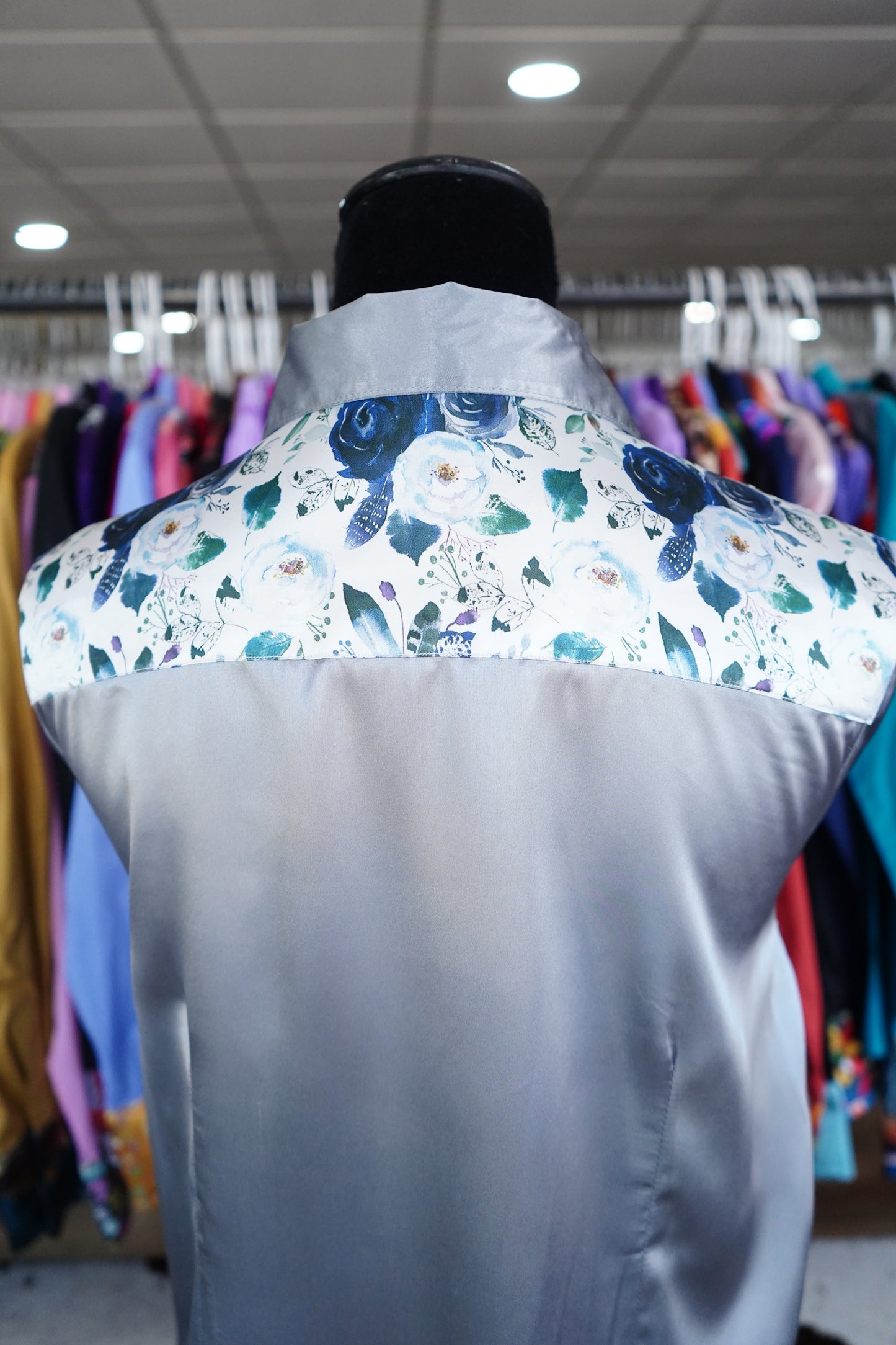 XL - Navy Feather Floral on Silver Satin Button Down