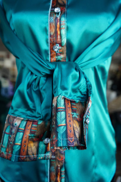 S - Teal Feathers on Emerald Satin Button Down