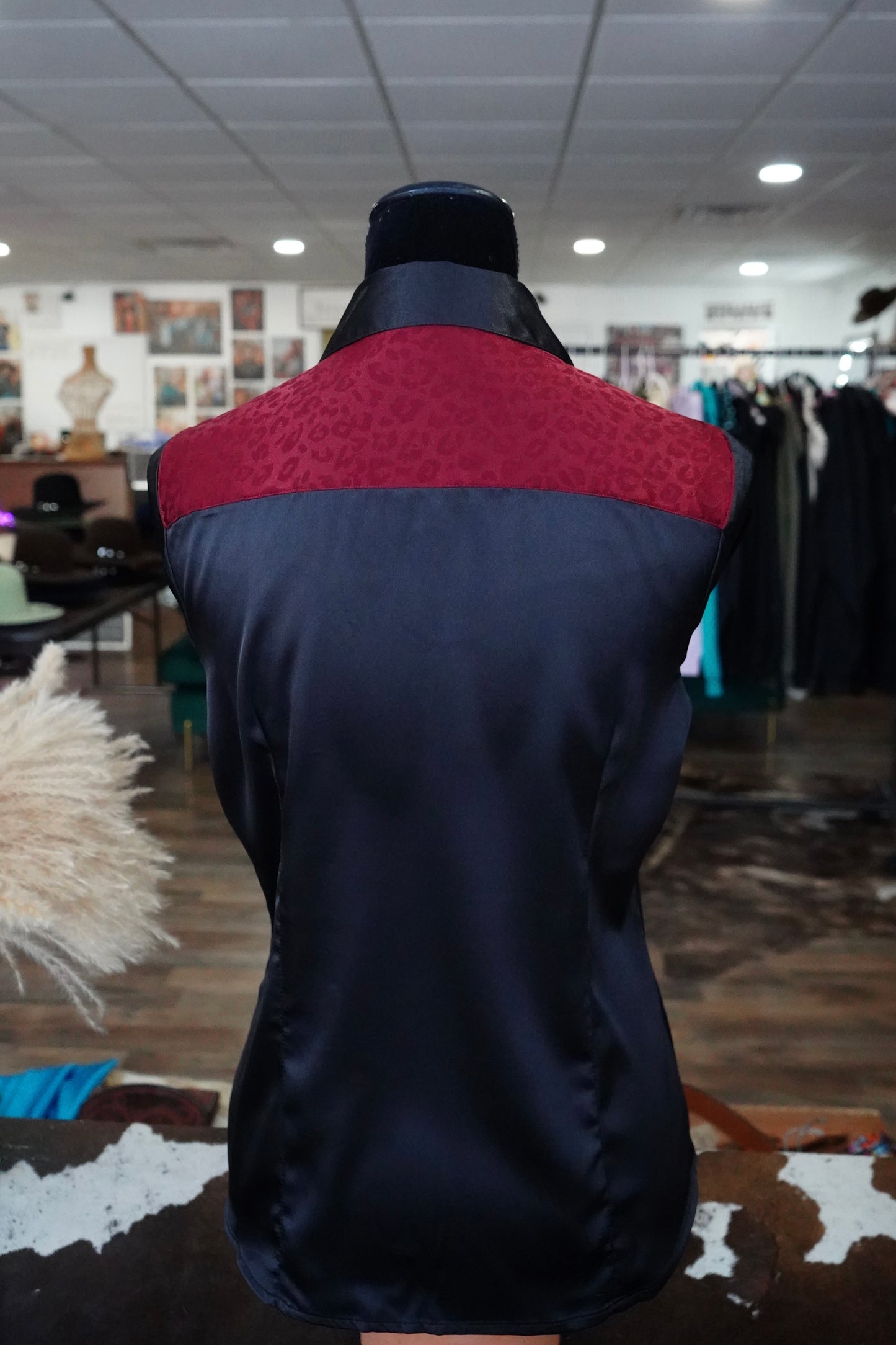 L - Maroon Jacquard Cheetah on Black Satin Button Down