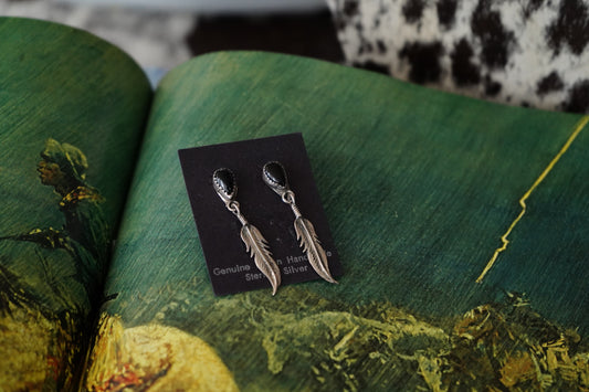 Vintage Black Onyx w/ Dangly Feathers Stud Earrings