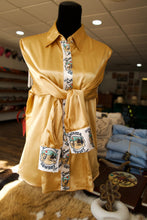 Load image into Gallery viewer, 2XL - MACA w/ White Fringe on Gold Satin Button Down