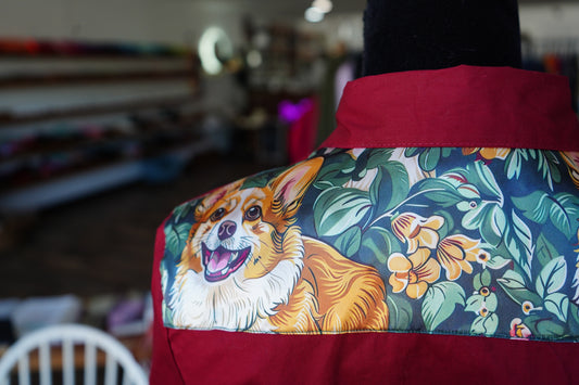L - Happy Corgis on Burgundy Cotton Button Down