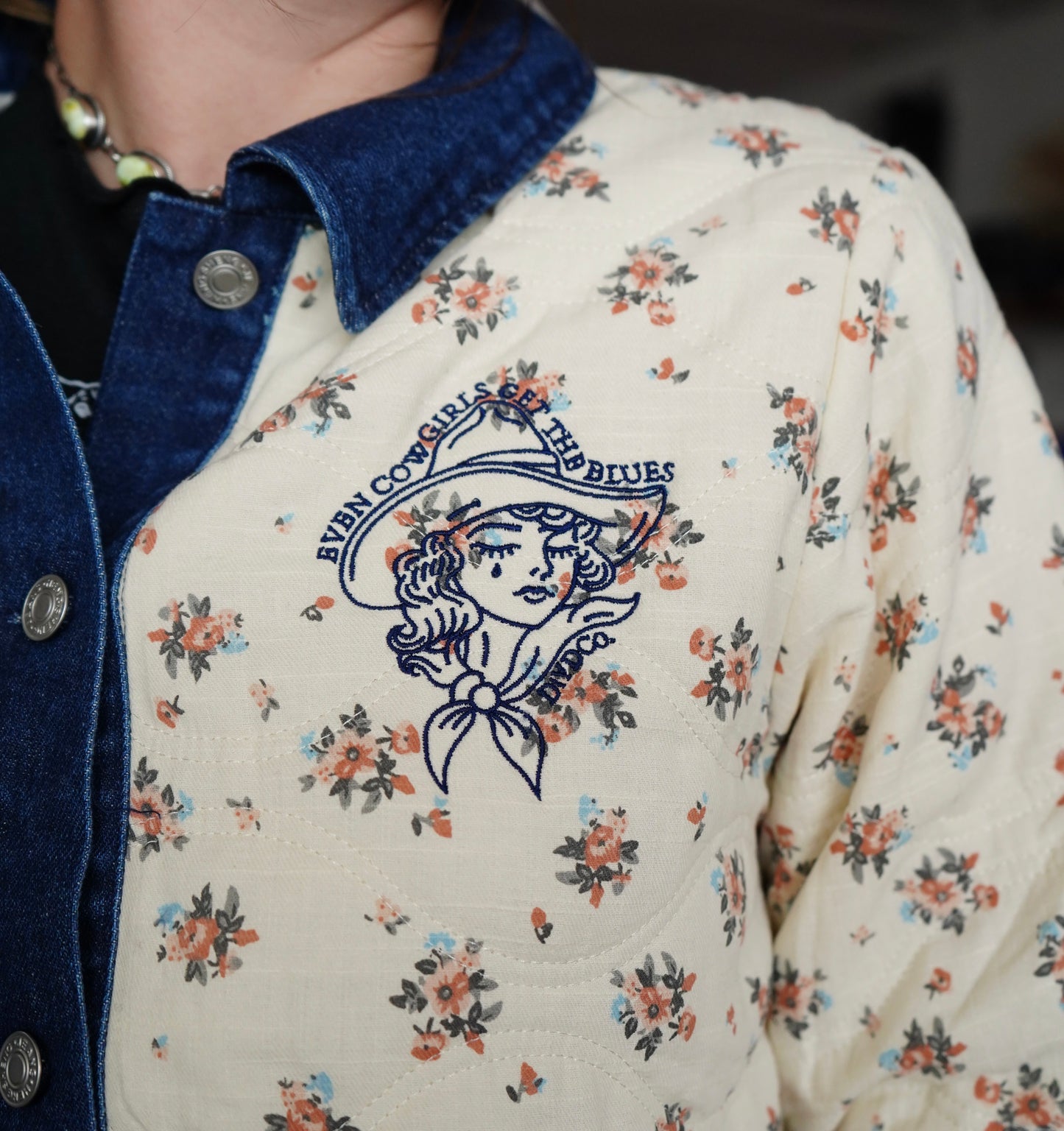 Cowgirls Cry - Cropped Floral Denim Button Up Jacket