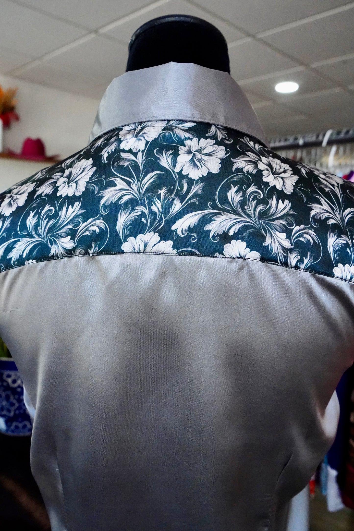 M - Black Floral Tooling on Silver Satin Button Down