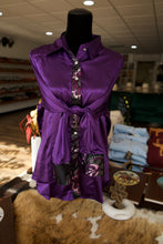 Load image into Gallery viewer, 2XL - Black &amp; Purple Floral Paisley w/ Black Fringe on Purple Button Down