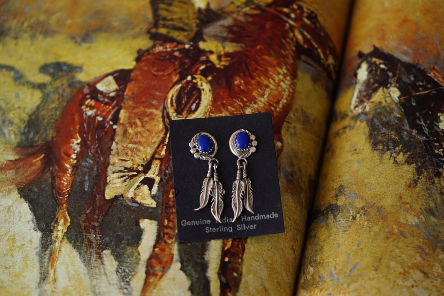 Vintage Lapis Lazuli Stud Earrings w/ Silver Feather Dangles