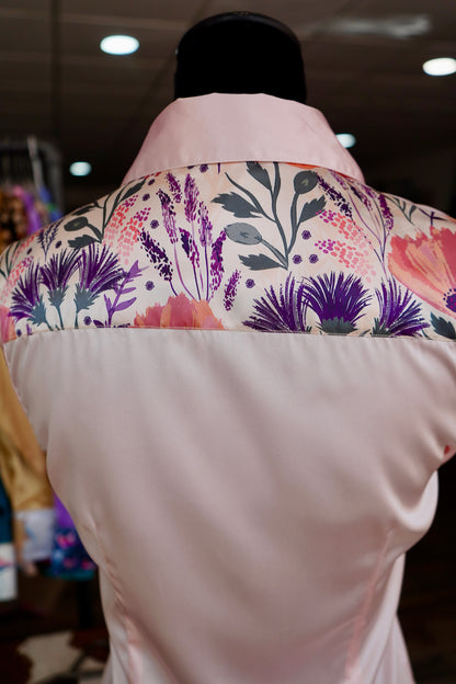 S - Plum Coral Floral on Light Pink Satin Button Down