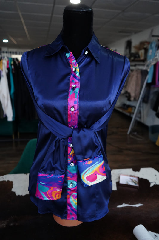 S - Navy & Pink Swirl on Navy Satin Button Down