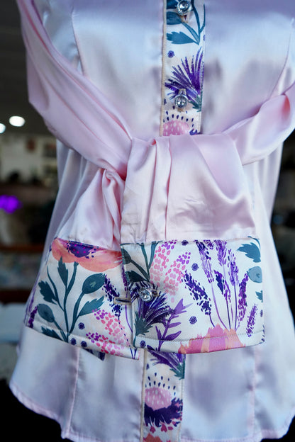 S - Plum & Coral Floral on Light Pink Satin Button Down