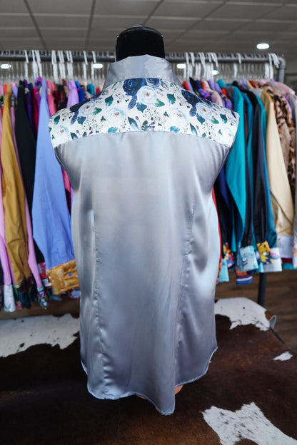 XL - Navy Feather Floral on Silver Satin Button Down