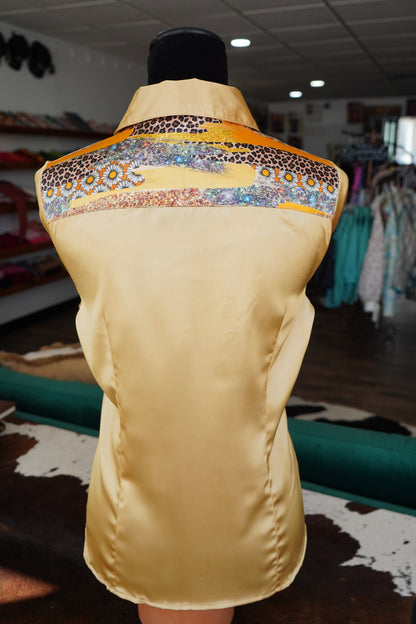 L - Daisy Cheetah Sparkles on Gold Satin Button Down