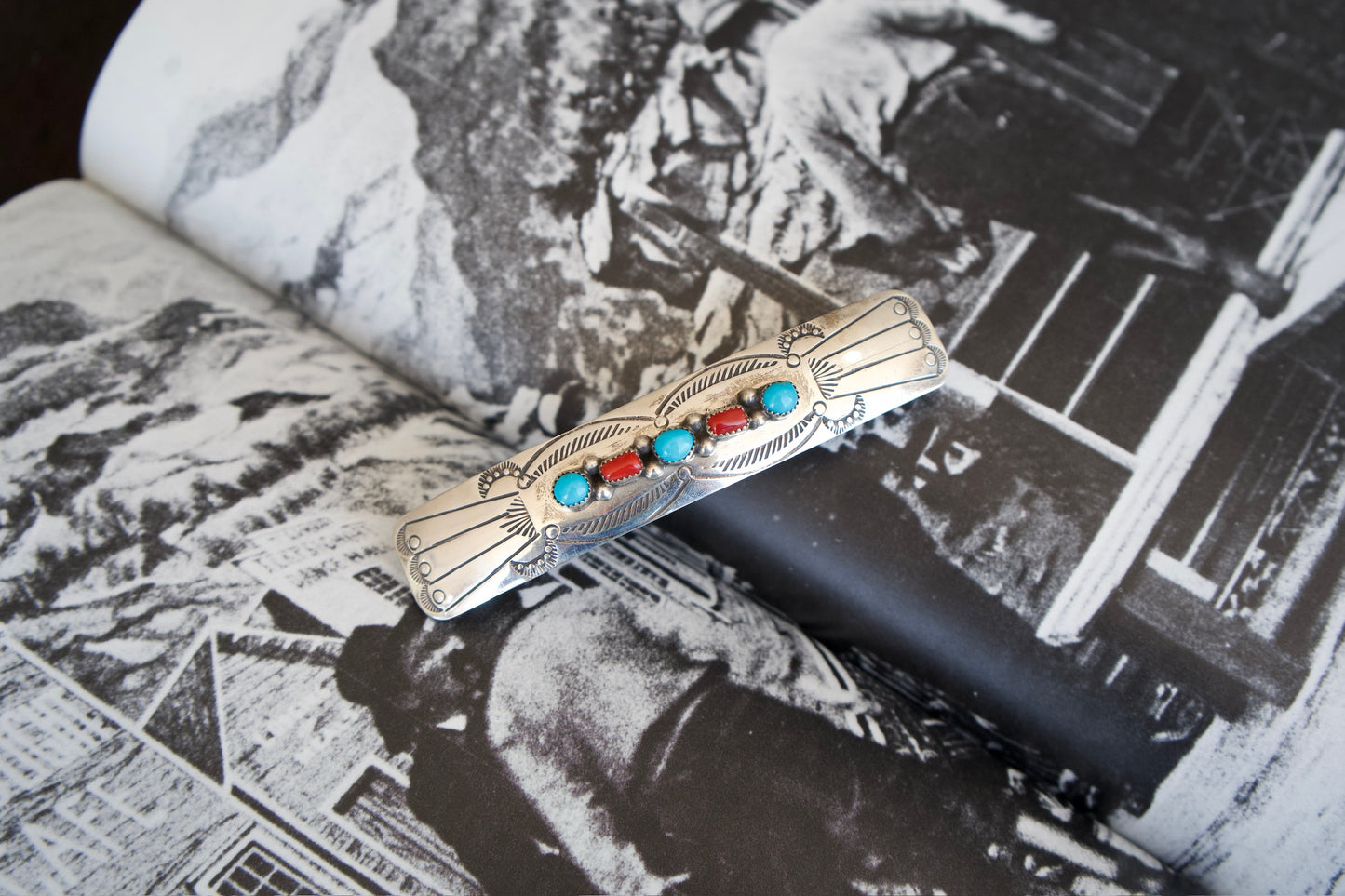Five Stone Turquoise & Coral Hair Clip