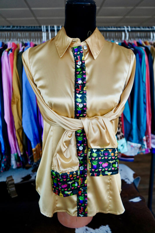 L - Tequila Made Me on Gold Satin Buttom Down