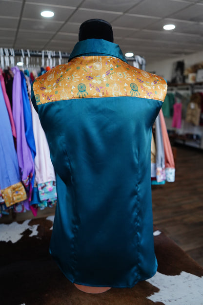 L - Mustard Dreamcatchers on Teal Satin Button Down