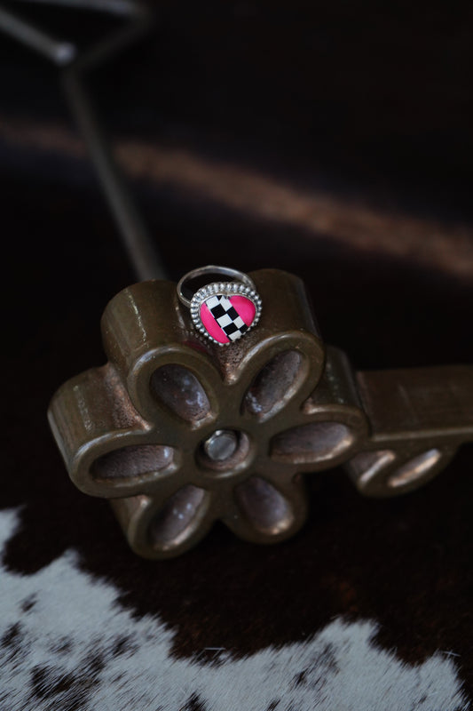Pink & B/W Checkered Heart Ring - Adj