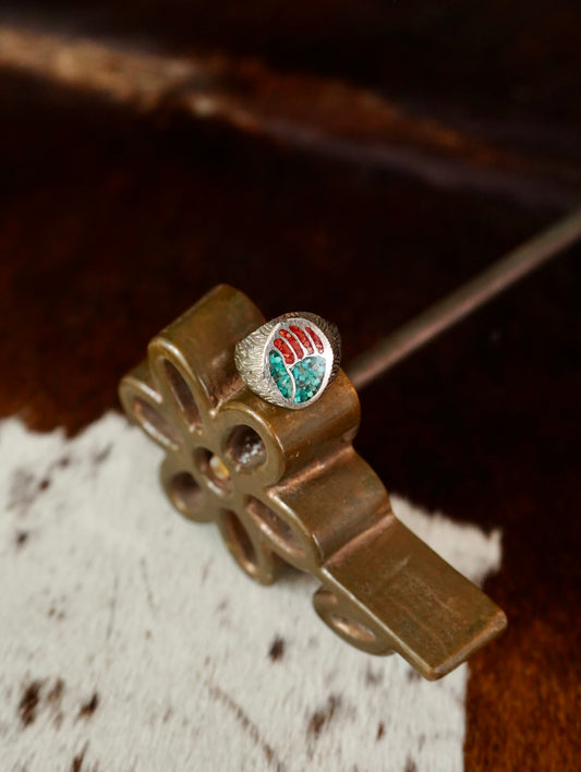 Vintage Crushed Red Coral & Turquoise Inlay Bear Paw Ring - Sz 13.5