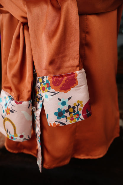 M - Light Pink Western Floral on Rust Satin Button Down