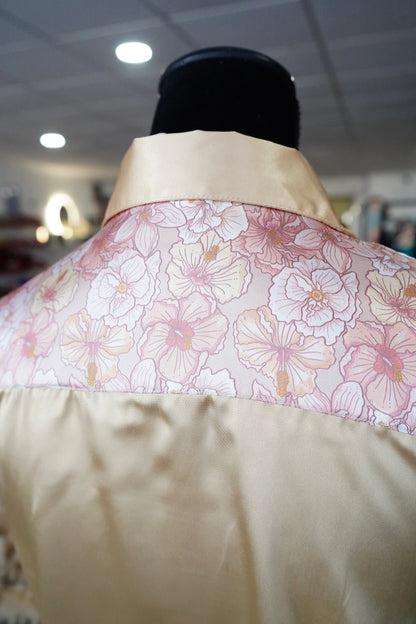 L - Pastel Hibiscus on Gold Satin Button Down