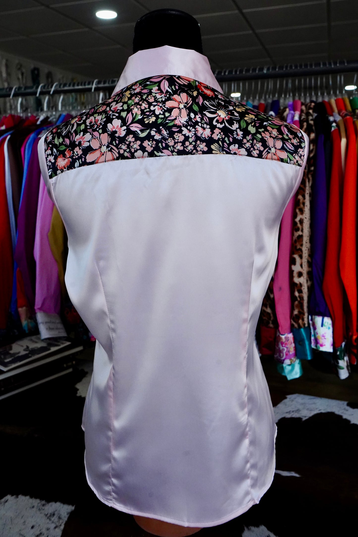 L - Black Spring Floral on Light Pink Satin Button Down