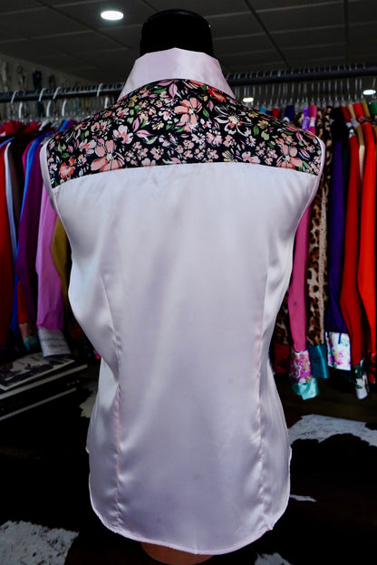 L - Black Spring Floral on Light Pink Satin Button Down