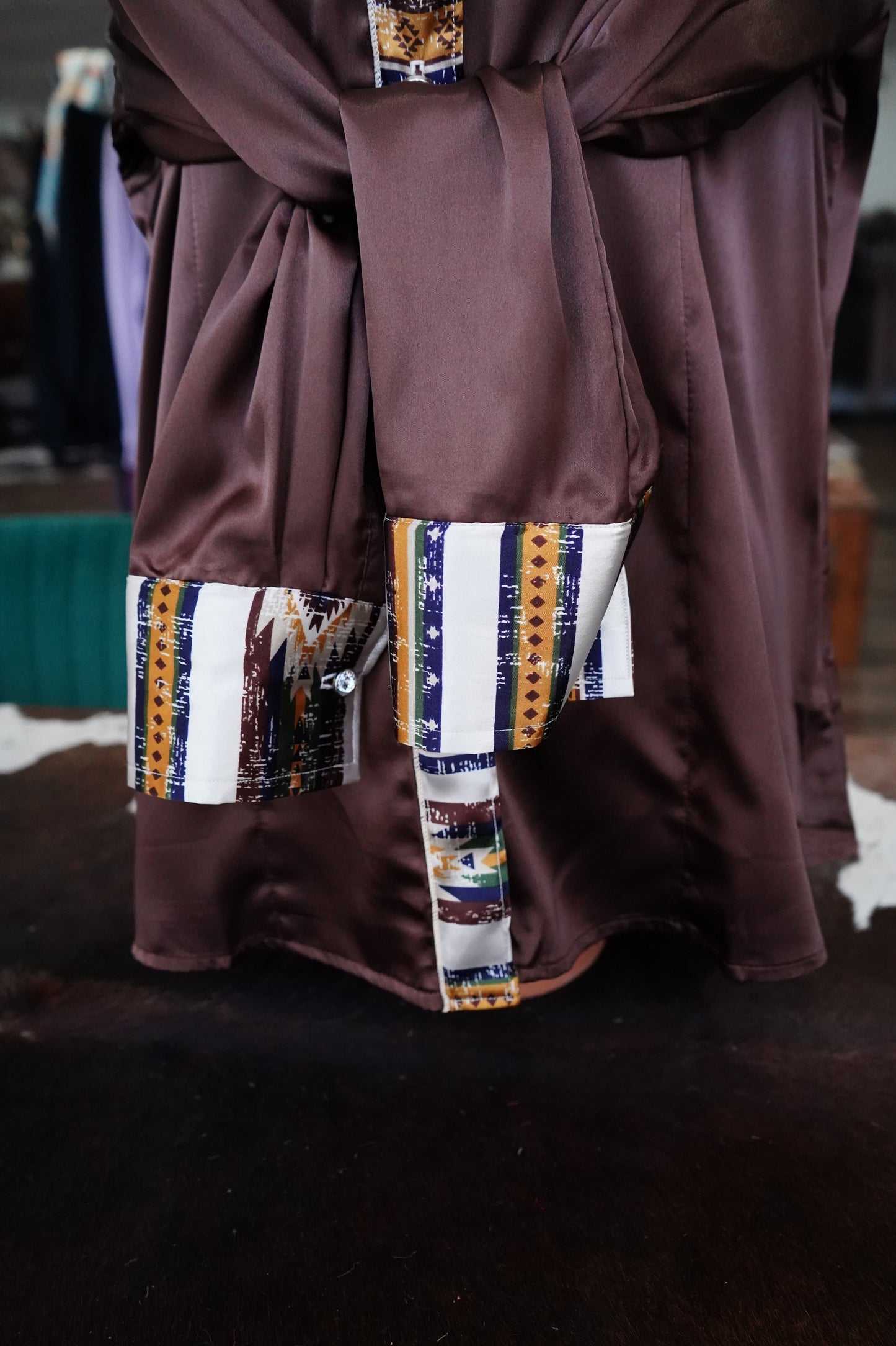 2XL - Native Stripe on Brown Satin Button Down