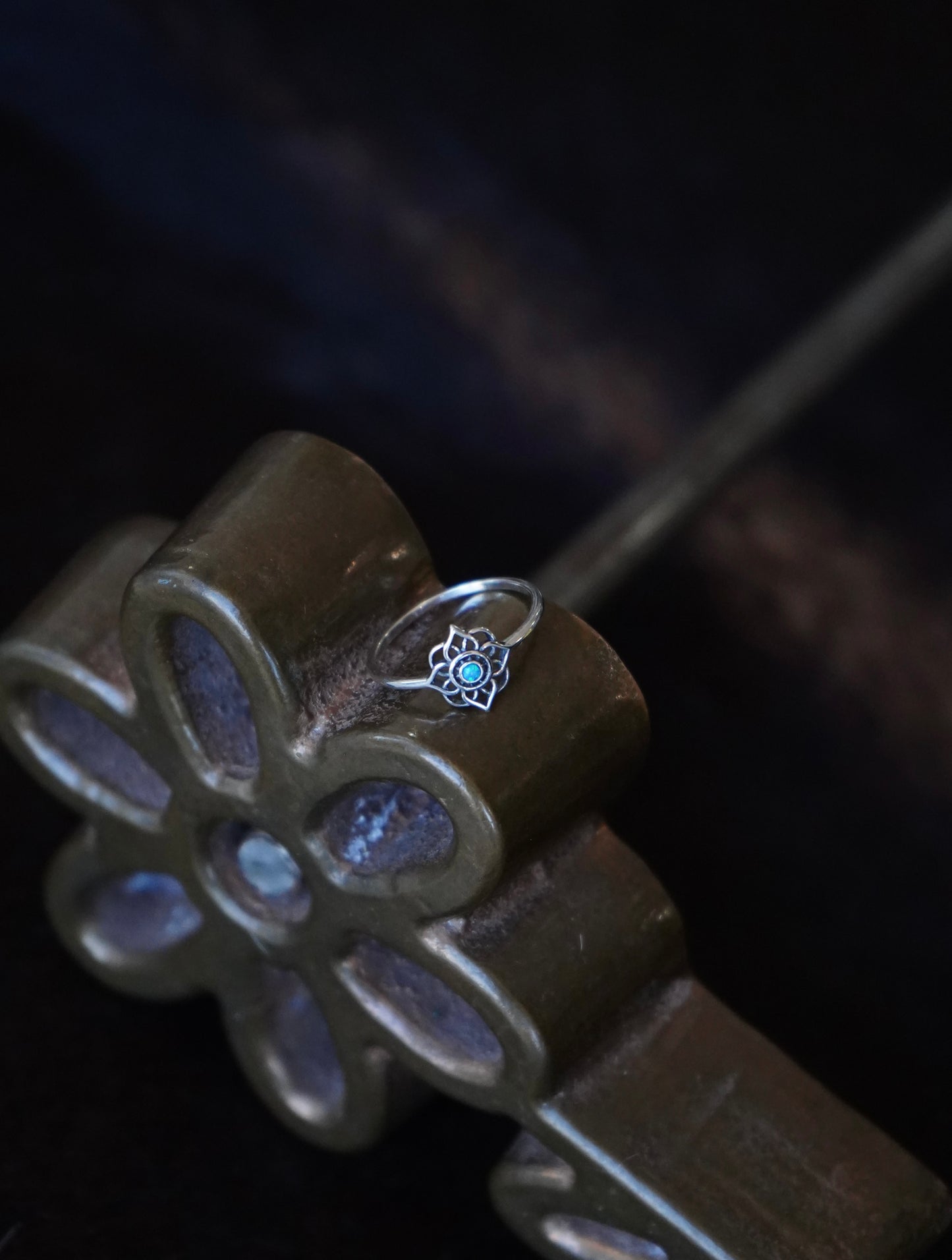 Dainty Sterling Silver w/ Blue Opal  Flower Ring - Sz 8