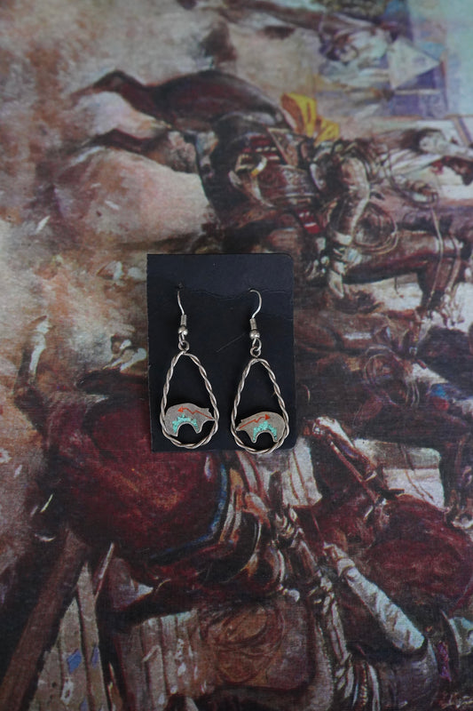 Vintage Turquoise Inlay Bear Fish Hook Earrings