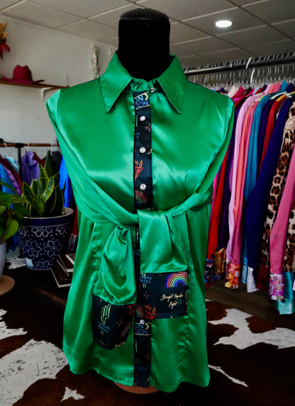 L - Neon Moon on Kelly Green Satin Button Down