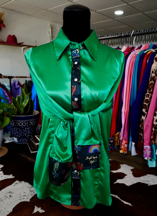 L - Neon Moon on Kelly Green Satin Button Down