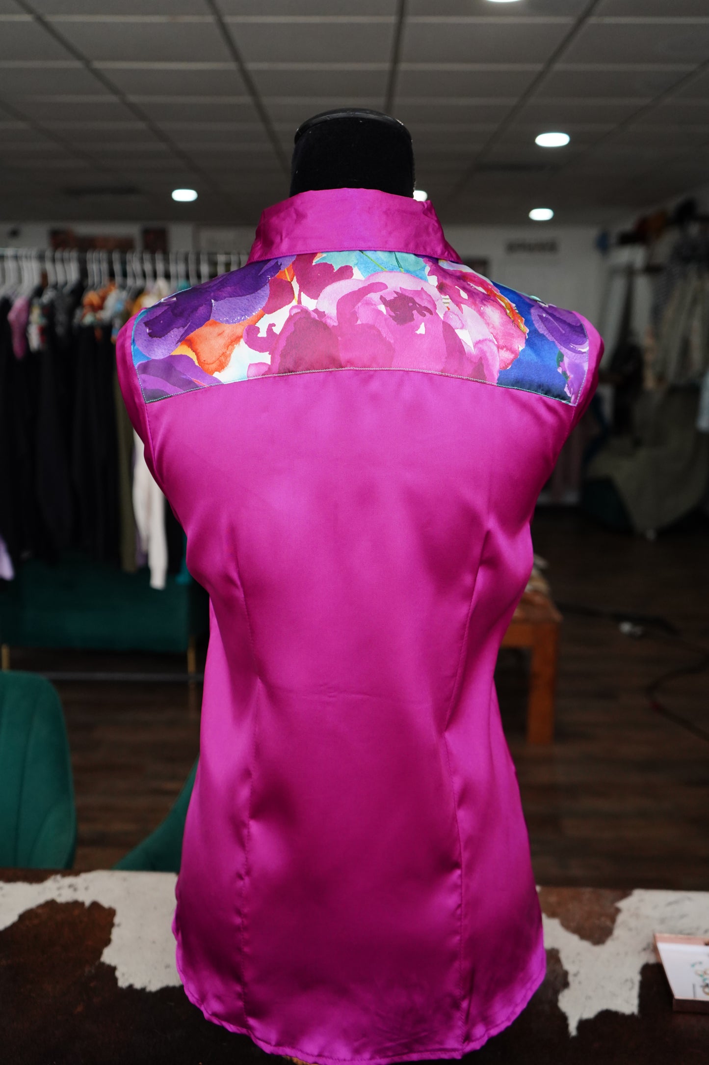 M - Watercolor Floral on Magenta Satin Button Down