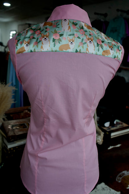 S - Tan Corgis on Light Pink Cotton Button Down