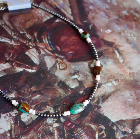 Sterling Silver Pearls w/ Turquoise & Pink Conch Necklace - 15”