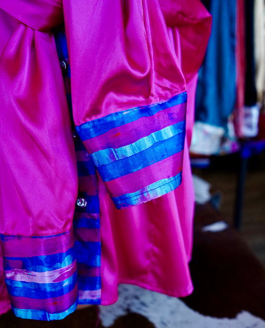 3XL - Pink & Blue Brushstrokes on Pink Satin Button Down