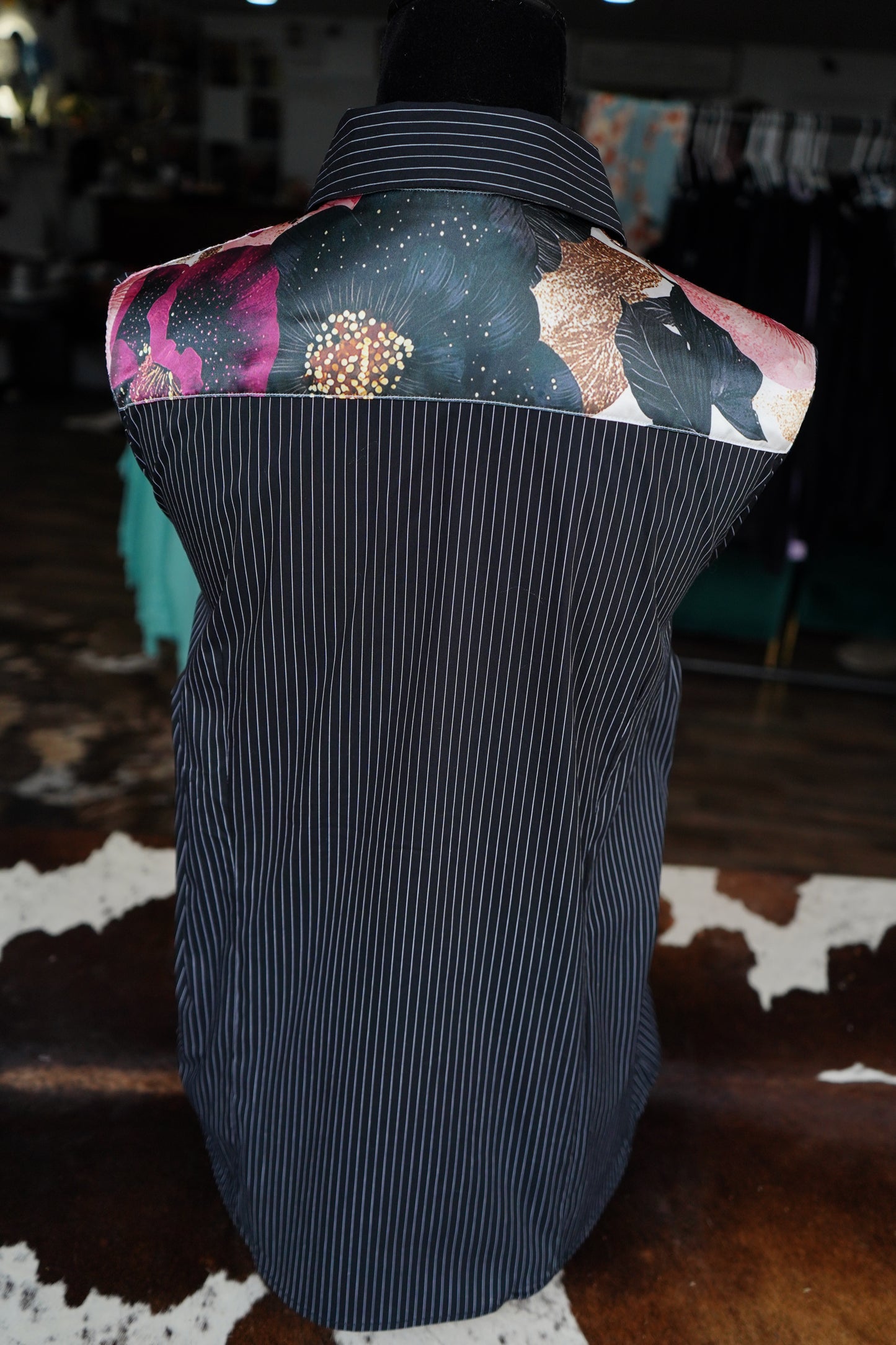 XL - Black/Gold/Wine Floral on B/W Striped Cotton Button Down