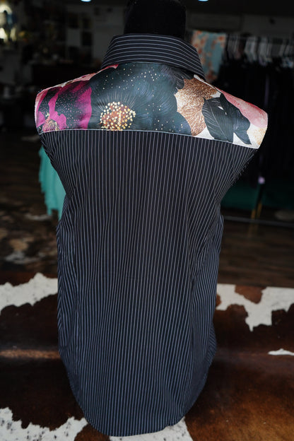 XL - Black/Gold/Wine Floral on B/W Striped Cotton Button Down