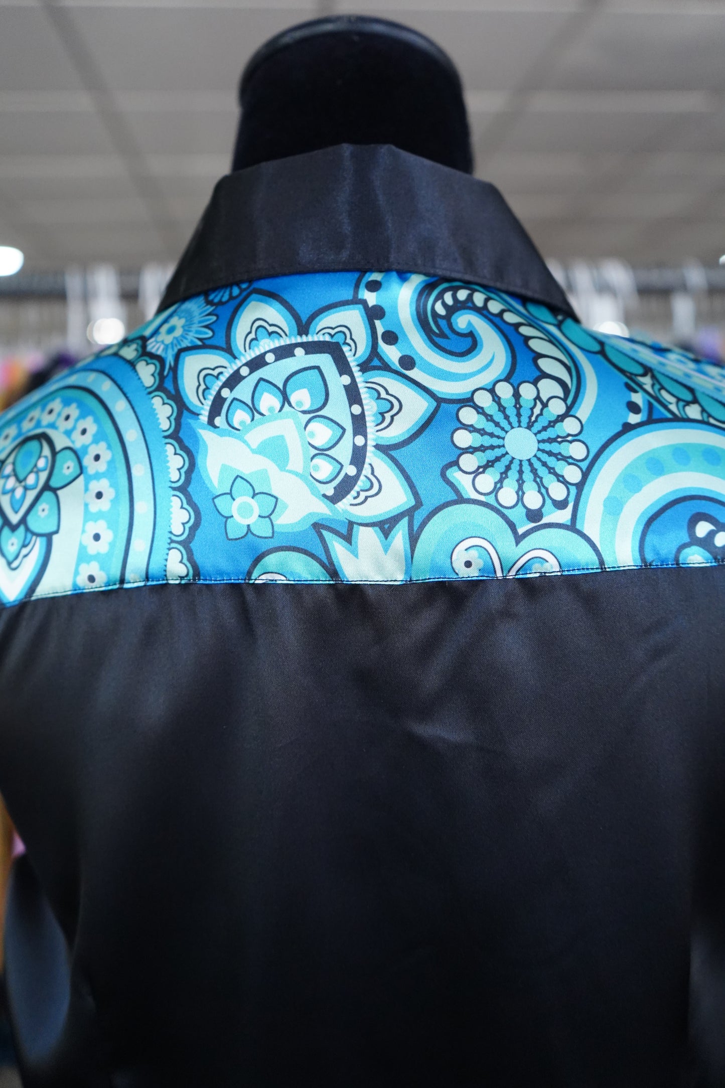 M - Blue Paisley on Black Satin Button Down