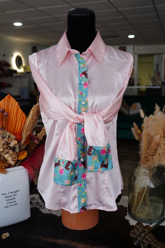 L - Light Pink Satin w/ Tumbling Herefords Button Down