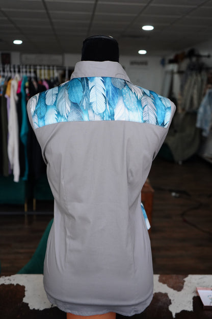 M - Blue Feathers on Gray Cotton Button Down