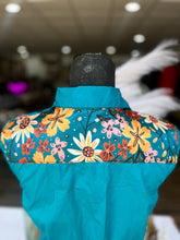 Load image into Gallery viewer, XL - Dark Turquoise w/ Drawn Wildflowers on Teal Cotton Button Down