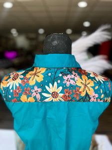 XL - Dark Turquoise w/ Drawn Wildflowers on Teal Cotton Button Down