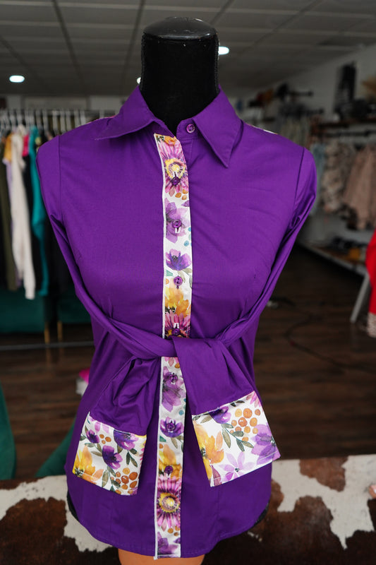 S - Autumn Flowers on Purple Cotton Button Down