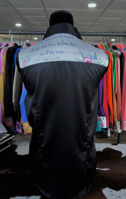 L - White Verses on Black Satin Button Down