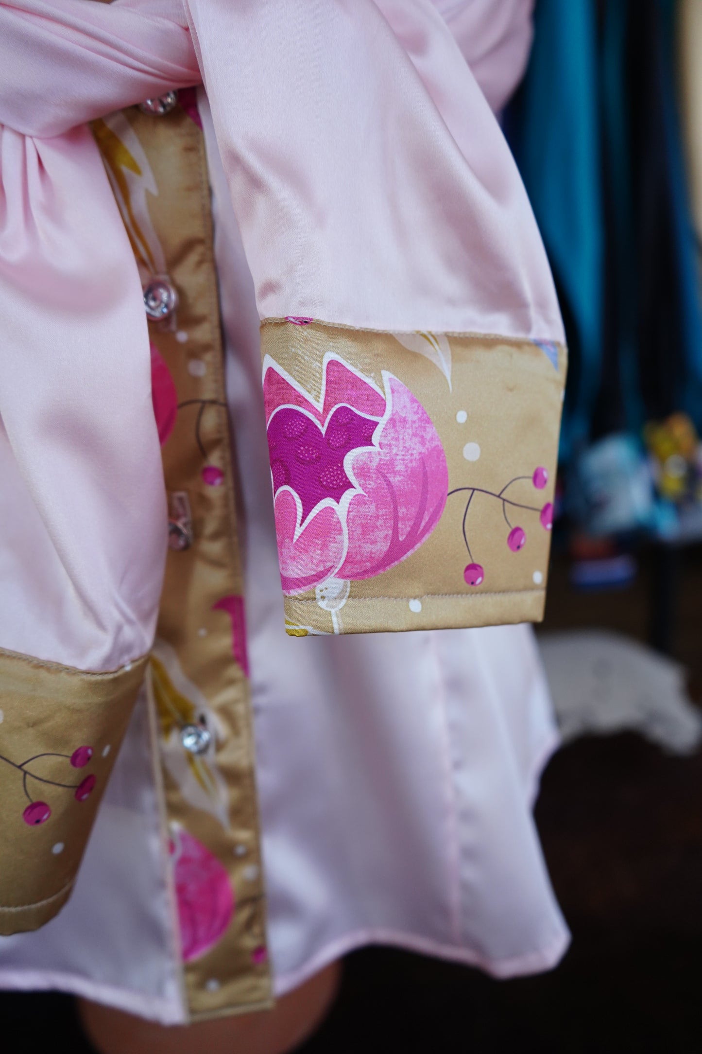 L - Gold & Pink Floral on Light Pink Satin Button Down
