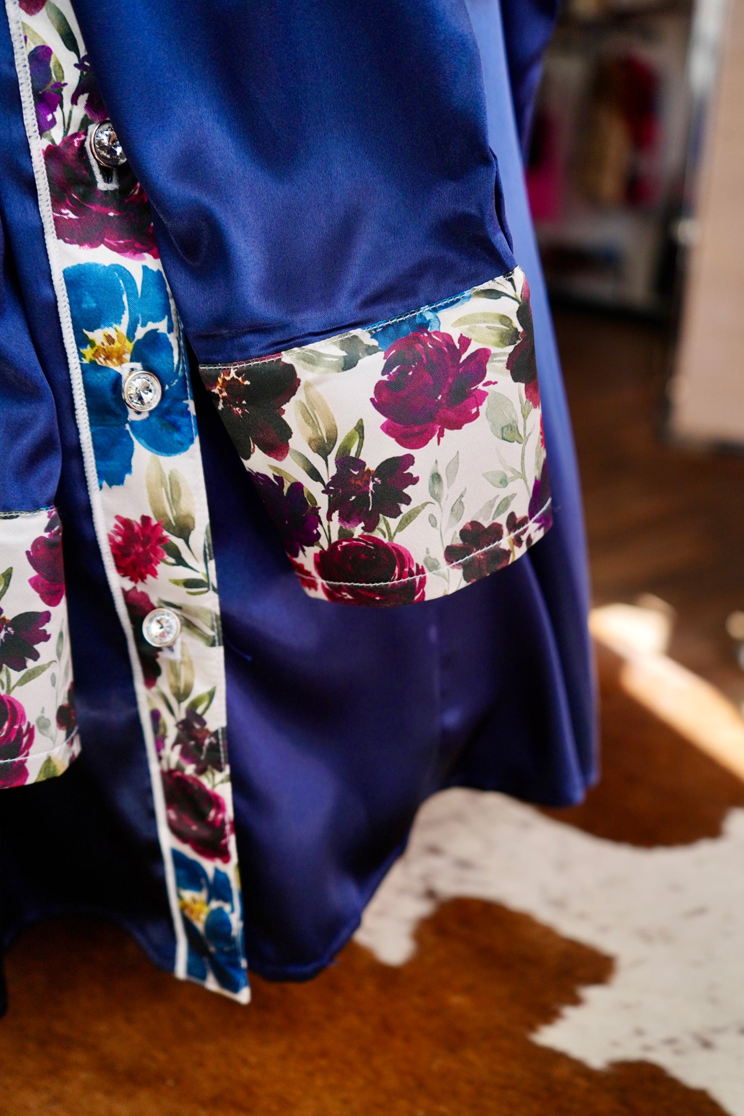 2XL - Navy Plum Floral on Navy Satin Button Down